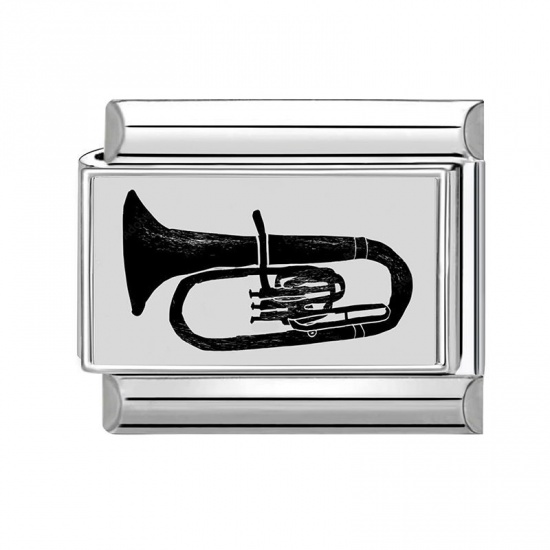 Picture of 1 Piece 304 Stainless Steel Italian Charm Links For DIY Bracelet Jewelry Making Wholesale Silver Tone Black Rectangle Bugle 10mm x 9mm