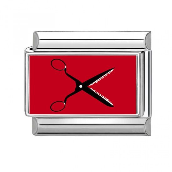 Picture of 1 Piece 304 Stainless Steel Italian Charm Links For DIY Bracelet Jewelry Making Wholesale Silver Tone Red Rectangle Scissors 10mm x 9mm