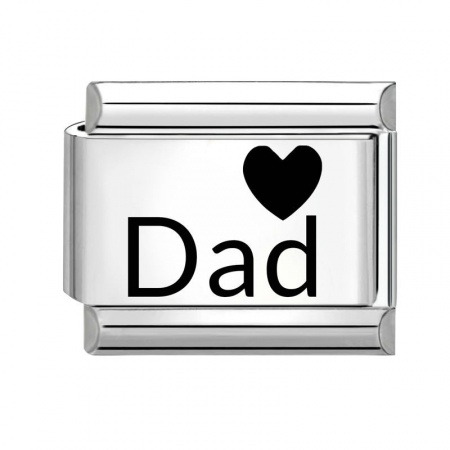 Picture of 1 Piece 304 Stainless Steel Family Jewelry Italian Charm Links For DIY Bracelet Jewelry Making Wholesale Silver Tone Black Rectangle Heart Message " Dad " 10mm x 9mm