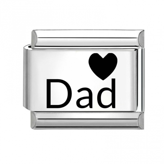 Picture of 1 Piece 304 Stainless Steel Family Jewelry Italian Charm Links For DIY Bracelet Jewelry Making Wholesale Silver Tone Black Rectangle Heart Message " Dad " 10mm x 9mm