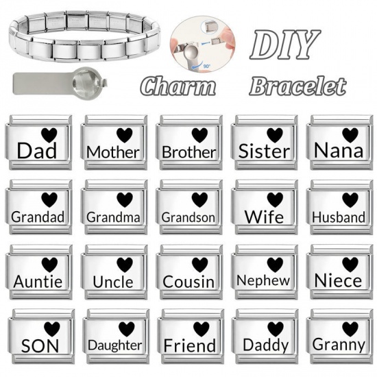 Picture of 1 Piece 304 Stainless Steel Family Jewelry Italian Charm Links For DIY Bracelet Jewelry Making Wholesale Silver Tone Black Rectangle Heart Message " Dad " 10mm x 9mm