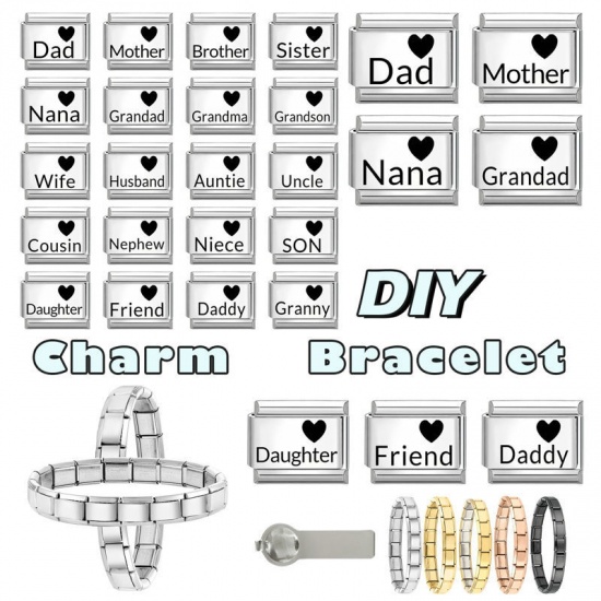 Picture of 1 Piece 304 Stainless Steel Family Jewelry Italian Charm Links For DIY Bracelet Jewelry Making Wholesale Silver Tone Black Rectangle Heart Message " Dad " 10mm x 9mm
