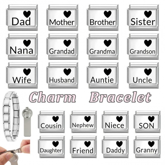 Picture of 1 Piece 304 Stainless Steel Family Jewelry Italian Charm Links For DIY Bracelet Jewelry Making Wholesale Silver Tone Black Rectangle Heart Message " Dad " 10mm x 9mm
