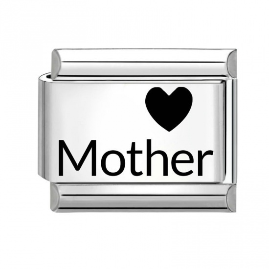 Picture of 1 Piece 304 Stainless Steel Family Jewelry Italian Charm Links For DIY Bracelet Jewelry Making Wholesale Silver Tone Black Rectangle Heart Message " Mother " 10mm x 9mm