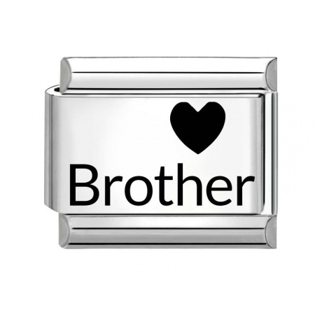 Picture of 1 Piece 304 Stainless Steel Family Jewelry Italian Charm Links For DIY Bracelet Jewelry Making Wholesale Silver Tone Black Rectangle Heart Message " Brother " 10mm x 9mm