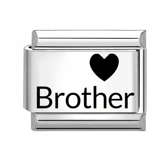 Picture of 1 Piece 304 Stainless Steel Family Jewelry Italian Charm Links For DIY Bracelet Jewelry Making Wholesale Silver Tone Black Rectangle Heart Message " Brother " 10mm x 9mm