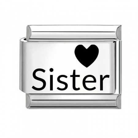 Picture of 1 Piece 304 Stainless Steel Family Jewelry Italian Charm Links For DIY Bracelet Jewelry Making Wholesale Silver Tone Black Rectangle Heart Message " Sister " 10mm x 9mm