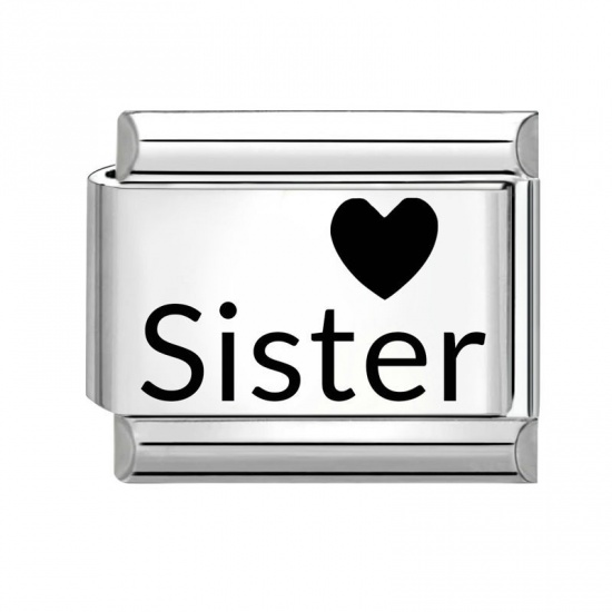 Picture of 1 Piece 304 Stainless Steel Family Jewelry Italian Charm Links For DIY Bracelet Jewelry Making Wholesale Silver Tone Black Rectangle Heart Message " Sister " 10mm x 9mm
