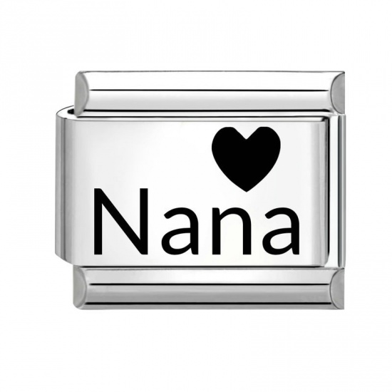 Picture of 1 Piece 304 Stainless Steel Family Jewelry Italian Charm Links For DIY Bracelet Jewelry Making Wholesale Silver Tone Black Rectangle Heart Message " Nana " 10mm x 9mm
