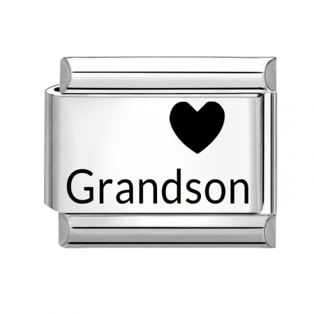 Picture of 1 Piece 304 Stainless Steel Family Jewelry Italian Charm Links For DIY Bracelet Jewelry Making Wholesale Silver Tone Black Rectangle Heart Message " Grandson " 10mm x 9mm