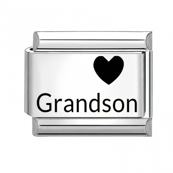 Picture of 1 Piece 304 Stainless Steel Family Jewelry Italian Charm Links For DIY Bracelet Jewelry Making Wholesale Silver Tone Black Rectangle Heart Message " Grandson " 10mm x 9mm
