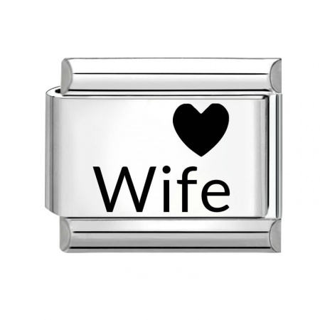 Picture of 1 Piece 304 Stainless Steel Family Jewelry Italian Charm Links For DIY Bracelet Jewelry Making Wholesale Silver Tone Black Rectangle Heart Message " Wife " 10mm x 9mm