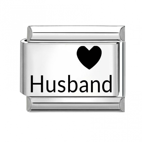 Picture of 1 Piece 304 Stainless Steel Family Jewelry Italian Charm Links For DIY Bracelet Jewelry Making Wholesale Silver Tone Black Rectangle Heart Message " Husband " 10mm x 9mm