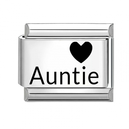 Picture of 1 Piece 304 Stainless Steel Family Jewelry Italian Charm Links For DIY Bracelet Jewelry Making Wholesale Silver Tone Black Rectangle Heart Message " Auntie " 10mm x 9mm