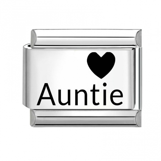 Picture of 1 Piece 304 Stainless Steel Family Jewelry Italian Charm Links For DIY Bracelet Jewelry Making Wholesale Silver Tone Black Rectangle Heart Message " Auntie " 10mm x 9mm