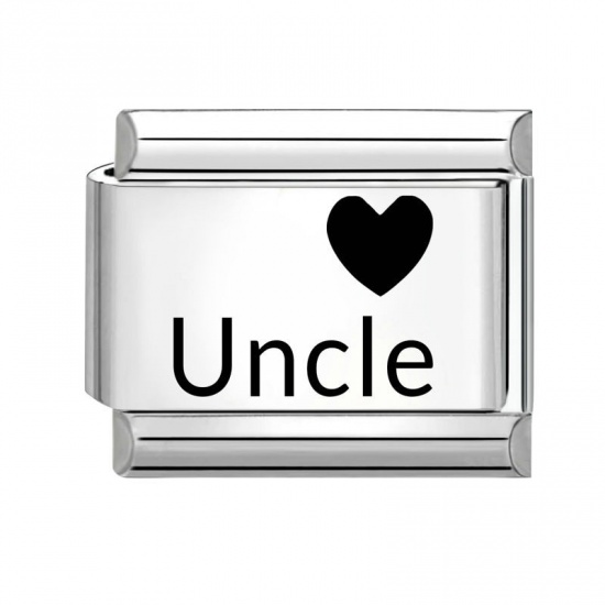 Picture of 1 Piece 304 Stainless Steel Family Jewelry Italian Charm Links For DIY Bracelet Jewelry Making Wholesale Silver Tone Black Rectangle Heart Message " Uncle " 10mm x 9mm