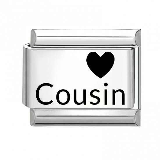 Picture of 1 Piece 304 Stainless Steel Family Jewelry Italian Charm Links For DIY Bracelet Jewelry Making Wholesale Silver Tone Black Rectangle Heart Message " Cousin " 10mm x 9mm