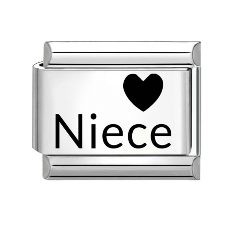 Picture of 1 Piece 304 Stainless Steel Family Jewelry Italian Charm Links For DIY Bracelet Jewelry Making Wholesale Silver Tone Black Rectangle Heart Message " Niece " 10mm x 9mm