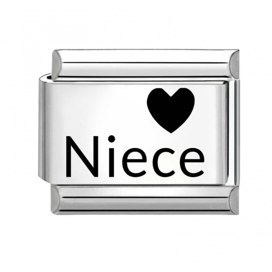 Picture of 1 Piece 304 Stainless Steel Family Jewelry Italian Charm Links For DIY Bracelet Jewelry Making Wholesale Silver Tone Black Rectangle Heart Message " Niece " 10mm x 9mm