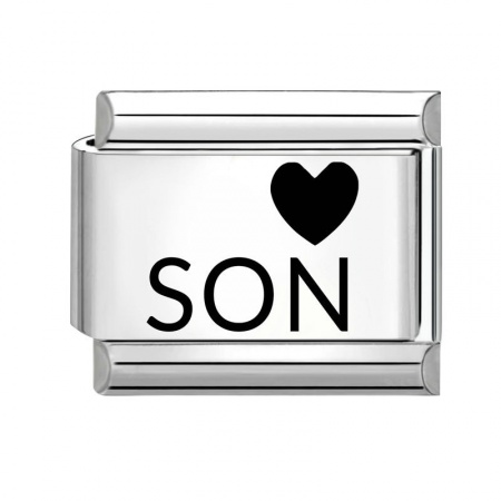 Picture of 1 Piece 304 Stainless Steel Family Jewelry Italian Charm Links For DIY Bracelet Jewelry Making Wholesale Silver Tone Black Rectangle Heart Message " Son " 10mm x 9mm