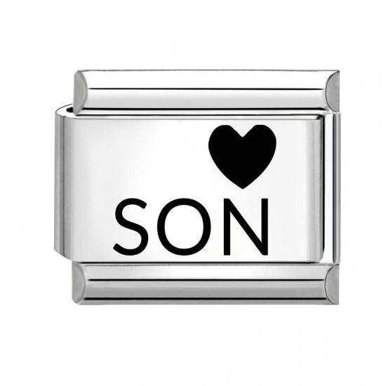 Picture of 1 Piece 304 Stainless Steel Family Jewelry Italian Charm Links For DIY Bracelet Jewelry Making Wholesale Silver Tone Black Rectangle Heart Message " Son " 10mm x 9mm