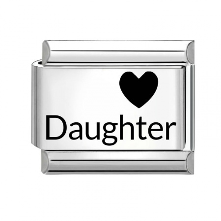 Picture of 1 Piece 304 Stainless Steel Family Jewelry Italian Charm Links For DIY Bracelet Jewelry Making Wholesale Silver Tone Black Rectangle Heart Message " Daughter " 10mm x 9mm