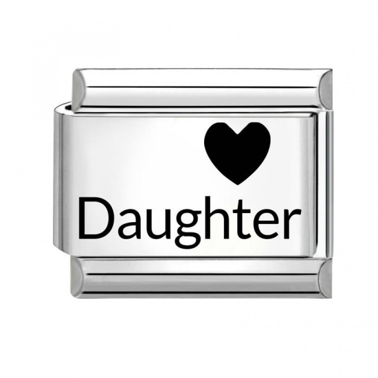 Picture of 1 Piece 304 Stainless Steel Family Jewelry Italian Charm Links For DIY Bracelet Jewelry Making Wholesale Silver Tone Black Rectangle Heart Message " Daughter " 10mm x 9mm