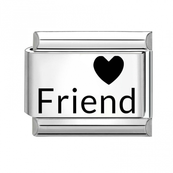 Picture of 1 Piece 304 Stainless Steel Family Jewelry Italian Charm Links For DIY Bracelet Jewelry Making Wholesale Silver Tone Black Rectangle Heart Message " Friend " 10mm x 9mm
