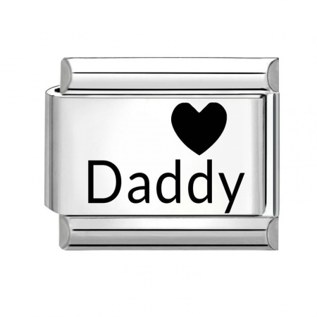 Picture of 1 Piece 304 Stainless Steel Family Jewelry Italian Charm Links For DIY Bracelet Jewelry Making Wholesale Silver Tone Black Rectangle Heart Message " Daddy " 10mm x 9mm