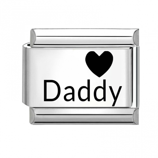 Picture of 1 Piece 304 Stainless Steel Family Jewelry Italian Charm Links For DIY Bracelet Jewelry Making Wholesale Silver Tone Black Rectangle Heart Message " Daddy " 10mm x 9mm