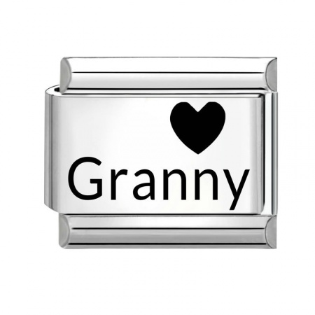 Picture of 1 Piece 304 Stainless Steel Family Jewelry Italian Charm Links For DIY Bracelet Jewelry Making Wholesale Silver Tone Black Rectangle Heart Message " Granny " 10mm x 9mm