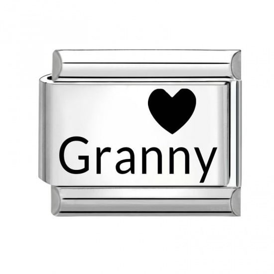 Picture of 1 Piece 304 Stainless Steel Family Jewelry Italian Charm Links For DIY Bracelet Jewelry Making Wholesale Silver Tone Black Rectangle Heart Message " Granny " 10mm x 9mm