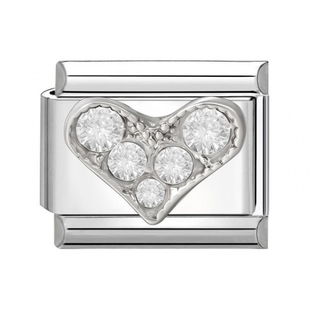 Picture of 1 Piece 304 Stainless Steel Valentine's Day Italian Charm Links For DIY Modular Bracelet Watch Jewelry Making Wholesale Silver Tone Rectangle Heart Clear Rhinestone 10mm x 9mm
