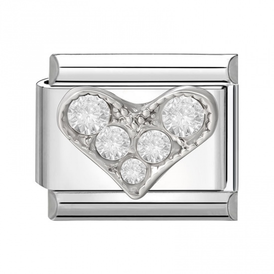 Picture of 1 Piece 304 Stainless Steel Valentine's Day Italian Charm Links For DIY Modular Bracelet Watch Jewelry Making Wholesale Silver Tone Rectangle Heart Clear Rhinestone 10mm x 9mm