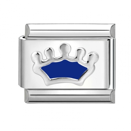 Picture of 1 Piece 304 Stainless Steel Italian Charm Links For DIY Bracelet Jewelry Making Wholesale Silver Tone Blue Rectangle Crown 10mm x 9mm