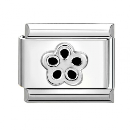 Picture of 1 Piece 304 Stainless Steel Italian Charm Links For DIY Bracelet Jewelry Making Wholesale Silver Tone Black Rectangle Flower 10mm x 9mm
