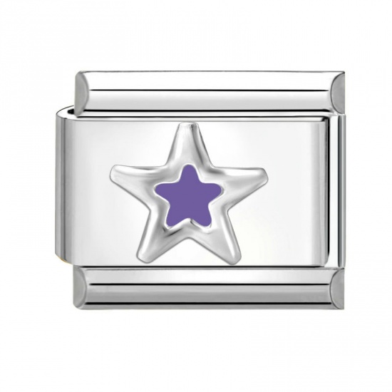 Picture of 1 Piece 304 Stainless Steel Italian Charm Links For DIY Bracelet Jewelry Making Wholesale Silver Tone Purple Rectangle Pentagram Star 10mm x 9mm