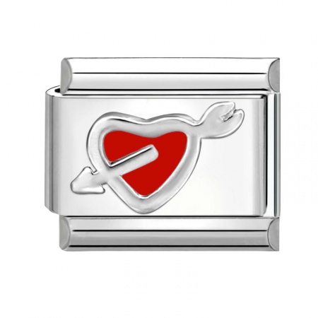 Picture of 1 Piece 304 Stainless Steel Valentine's Day Italian Charm Links For DIY Bracelet Jewelry Making Wholesale Silver Tone Red Rectangle Arrow Through Heart 10mm x 9mm