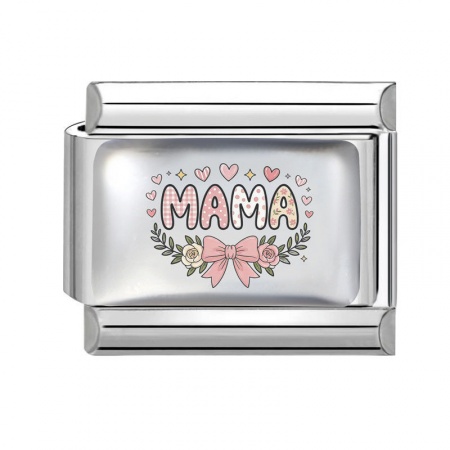 Picture of 1 Piece 304 Stainless Steel Mother's Day Italian Charm Links For DIY Bracelet Jewelry Making Wholesale Silver Tone Rectangle Bowknot Message " Mama " 10mm x 9mm