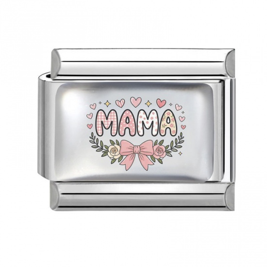 Picture of 1 Piece 304 Stainless Steel Mother's Day Italian Charm Links For DIY Bracelet Jewelry Making Wholesale Silver Tone Rectangle Bowknot Message " Mama " 10mm x 9mm