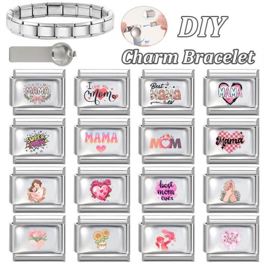 Picture of 1 Piece 304 Stainless Steel Mother's Day Italian Charm Links For DIY Bracelet Jewelry Making Wholesale Silver Tone Rectangle Bowknot Message " Mama " 10mm x 9mm
