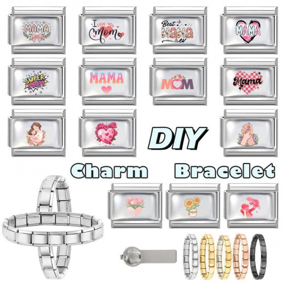Picture of 1 Piece 304 Stainless Steel Mother's Day Italian Charm Links For DIY Bracelet Jewelry Making Wholesale Silver Tone Rectangle Bowknot Message " Mama " 10mm x 9mm
