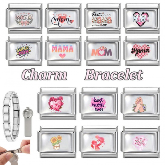 Picture of 1 Piece 304 Stainless Steel Mother's Day Italian Charm Links For DIY Bracelet Jewelry Making Wholesale Silver Tone Rectangle Bowknot Message " Mama " 10mm x 9mm