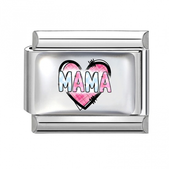 Picture of 1 Piece 304 Stainless Steel Mother's Day Italian Charm Links For DIY Bracelet Jewelry Making Wholesale Silver Tone Pink Rectangle Heart Message " Mama " 10mm x 9mm