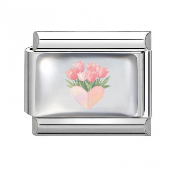 Picture of 1 Piece 304 Stainless Steel Mother's Day Italian Charm Links For DIY Bracelet Jewelry Making Wholesale Silver Tone Pink Rectangle Tulip Flower 10mm x 9mm