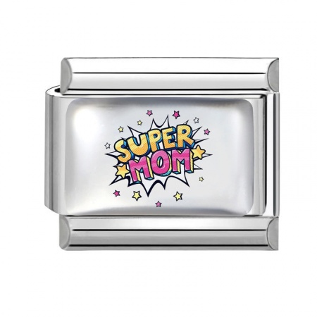 Picture of 1 Piece 304 Stainless Steel Mother's Day Italian Charm Links For DIY Bracelet Jewelry Making Wholesale Silver Tone Rectangle Message " Super Mom " 10mm x 9mm