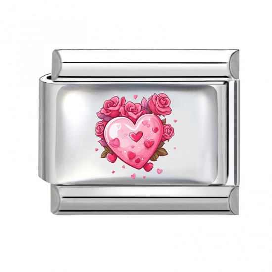 Picture of 1 Piece 304 Stainless Steel Mother's Day Italian Charm Links For DIY Bracelet Jewelry Making Wholesale Silver Tone Pink Rectangle Heart 10mm x 9mm