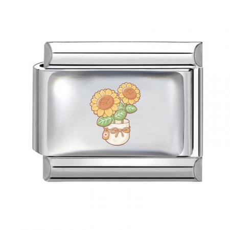Picture of 1 Piece 304 Stainless Steel Mother's Day Italian Charm Links For DIY Bracelet Jewelry Making Wholesale Silver Tone Yellow Rectangle Sunflower 10mm x 9mm