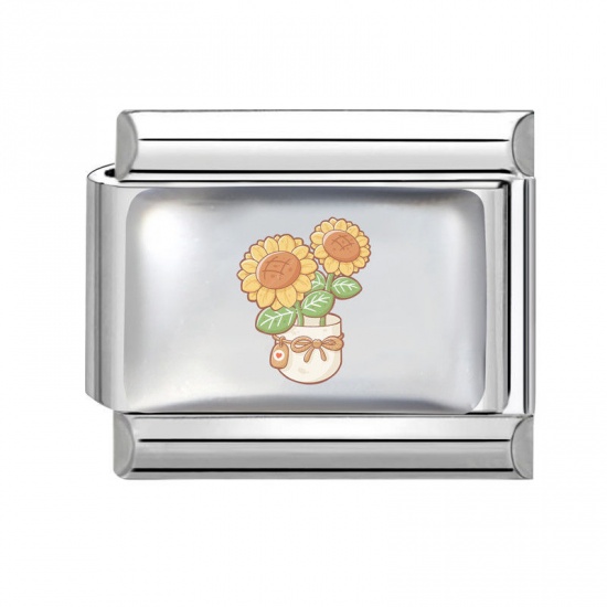 Picture of 1 Piece 304 Stainless Steel Mother's Day Italian Charm Links For DIY Bracelet Jewelry Making Wholesale Silver Tone Yellow Rectangle Sunflower 10mm x 9mm