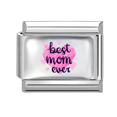 Picture of 1 Piece 304 Stainless Steel Mother's Day Italian Charm Links For DIY Bracelet Jewelry Making Wholesale Silver Tone Pink Rectangle Heart Message " Best Mom Ever " 10mm x 9mm